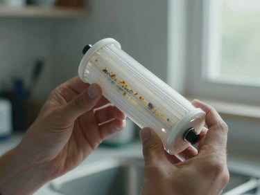 Close-up overhead view of a technician's hands holding a transparent RO filter cartridge showing visible sediment buildup inside, natural north-facing window light, no staging, muted kitchen background