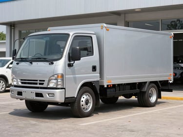 Three-quarter view of a clean silver light-duty work truck parked on a clean lot, bright daylight, 35mm lens