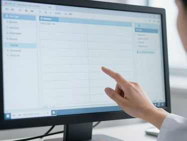 Close-up of a professional hand interacting with a medical EMR interface on a clean desktop monitor, bright natural daylight, cool blue tones, structured office environment