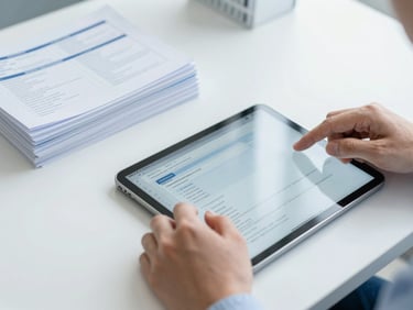 Close-up of hands organizing digital documents on a tablet and a stack of medical faxes on a clean desk, bright natural daylight, cool blue tones