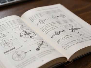 Macro shot of an open physics textbook showing detailed mechanics diagrams and equations, crisp neutral lighting, academic environment.