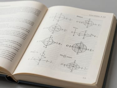 Macro shot of an open physics textbook showing complex structural diagrams and equations under clean, neutral study lighting