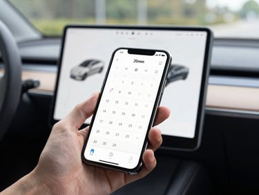 Close-up of a hand holding a smartphone inside a modern car interior, displaying a clean driving school calendar dashboard with bright natural daylight, 35mm photography