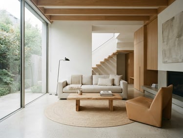 Bright, architecturally clean modern home interior, soft natural daylight, minimalist living room with straight-on lines, desaturated warm tones, 35mm lens