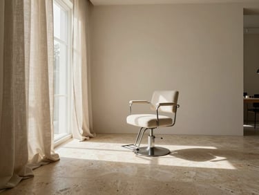 Wide interior shot of a sun-drenched minimalist beauty atelier, warm travertine floors, soft linen drapery, single empty styling chair, diffused natural daylight.
