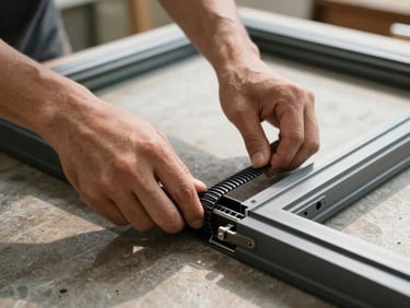 Close-up of hands rolling black spline into a brand new window screen frame, outdoor workbench, sunny day