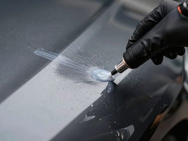 Extreme close-up overhead of a gloved hand applying liquid nano-coating to a dark car panel under studio strobe, product pooling on the surface, sharp focus on the application edge
