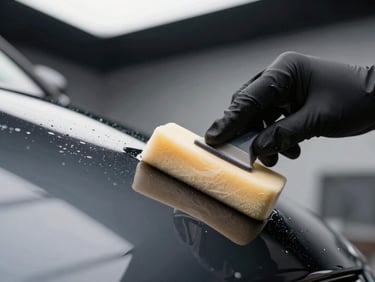Close-up of a gloved hand applying ceramic coating liquid onto dark car paint with a foam applicator block, under controlled overhead studio strobe, coating visible as a thin wet sheen on the surface
