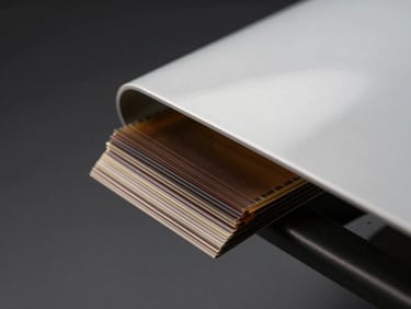 Macro studio shot of a PPF film edge being pressed onto a car panel surface, controlled strobe lighting, film layers visible in cross-section, dark neutral background