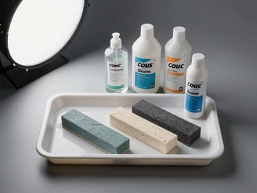 Overhead studio shot of a paint decontamination tray with clay bars and chemical bottles arranged precisely on a gray surface under cold white studio light, clinical and clean