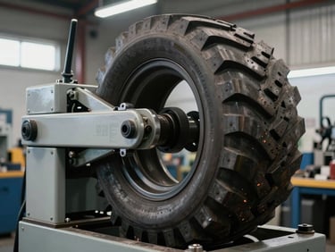 A heavy-duty tire changer machine turntable with a clamping mechanism holding a commercial wheel, cool industrial lighting.
