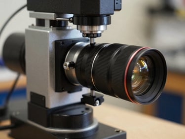 Close-up of a 3D wheel aligner optical camera sensor mounted on a rugged steel column, technical workshop setting.