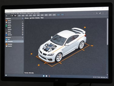 High-contrast screenshot of the proprietary diagnostic software interface displaying a 3D chassis alignment vector map, clean typography, safety orange highlights on slate background.