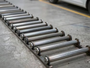 An automated vehicle test lane brake tester roller integrated into the concrete shop floor, steel plates, technical vibe.