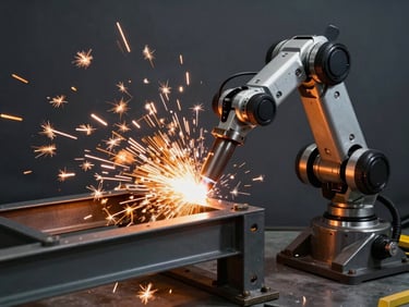 Macro shot of heavy robotic welding on a structural steel machine frame, bright orange sparks contrasting with deep slate background