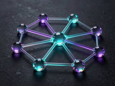 Sleek glassmorphic 3D nodes connected by glowing cyan and purple network lines, dark obsidian background, high-contrast studio lighting