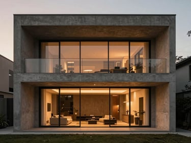Symmetrical modern concrete villa facade at dusk, warm interior glow, architectural framing