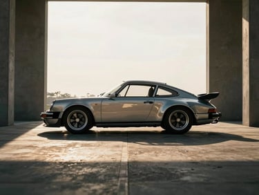 Clean silhouette of a classic sports car, metallic silver paint, dramatic low-sun reflection