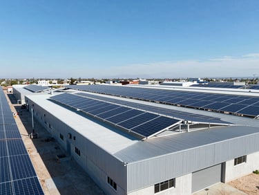 Wide-angle architectural drone shot of a massive industrial solar array on a modern metal roof in Tijuana, harsh bright desert sunlight casting sharp geometric shadows, high-contrast blue sky, dslr