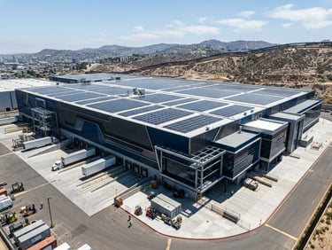 Wide-angle architectural shot of a modern industrial facility in Tijuana with high-efficiency solar panels installed on the roof, hard bright desert sunlight casting crisp geometric shadows, metallic and deep blue tones, DSLR.