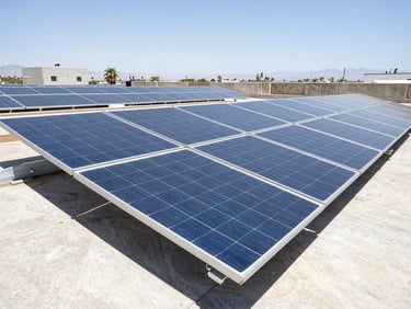 Close-up of high-efficiency monocrystalline solar panels mounted on a modern concrete roof in Baja California, crisp metallic shadows under bright sunlight, wide angle lens