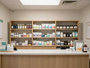 Straight-on interior shot of a dispensary consultation counter with product packaging arranged neatly on shelving behind it, bright professional interior lighting, no people, clean neutral surfaces