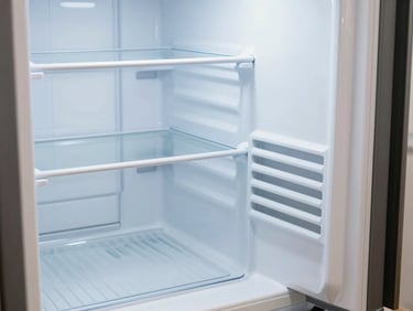 A clean, modern refrigerator interior with crisp lighting, focusing on the rear cooling vents, sharp and detailed.