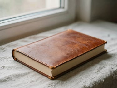 A single closed leather book resting on soft linen under gentle morning window light, shallow depth of field