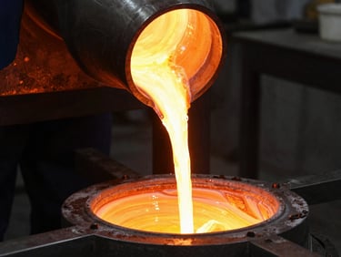 Dramatic industrial photography of molten bronze pouring into a precision ceramic mold, intense bright orange glow, dark workshop background, sharp focus, 35mm lens