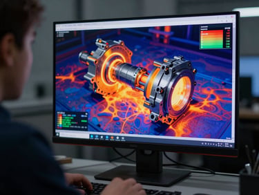 An industrial engineer reviewing a colorful thermal stress simulation map of a mechanical part on a modern monitor, cool studio lighting, sharp focus, 35mm lens
