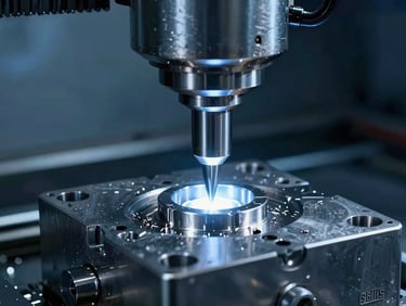 Close-up of a high-speed CNC machine head carving a high-tolerance metal mold, cool blue industrial lighting, metallic shavings, sharp focus, 35mm lens