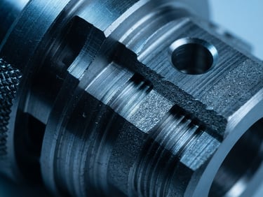 Extreme close-up of a high-tolerance machined steel component, cool blue studio lighting, razor-sharp focus on metallic grain, 35mm lens
