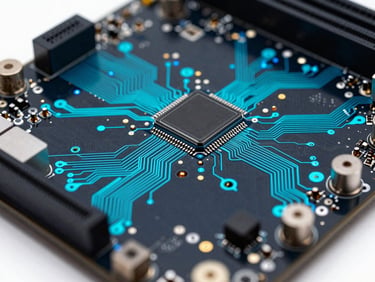 Macro studio shot of high-end motherboard circuits, electric cyan traces glowing on deep obsidian substrate, sharp metallic solder joints, shallow depth of field.