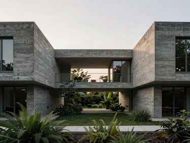 Brutalist concrete home with central open-air courtyard and green foliage, soft diffused light, architectural digest style