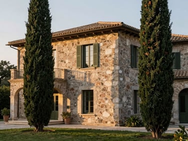 Aged stone estate in Southern Europe, manicured cypress trees, golden hour light casting long shadows on textured plaster walls