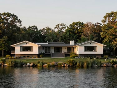 Symmetrical mid-century modern estate on a lake shoreline, golden hour light, 35mm photography