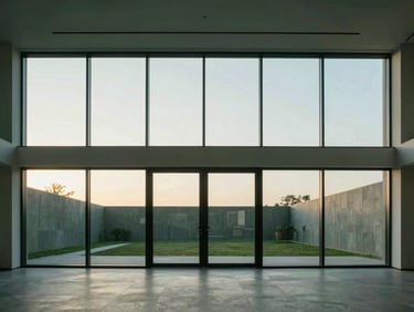 Minimalist modern interior with high ceilings and floor-to-ceiling windows overlooking a quiet courtyard, soft golden-hour daylight, muted green tones
