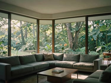 A restored midcentury modern living room with floor-to-ceiling glass walls, forest green accents, soft daylight, 35mm