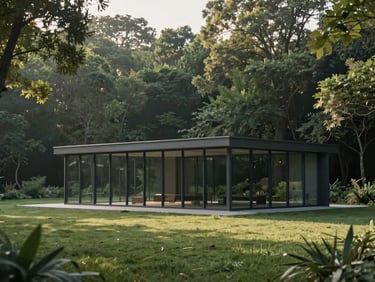 Minimalist glass and steel pavilion in a manicured forest, soft morning light, architectural photography