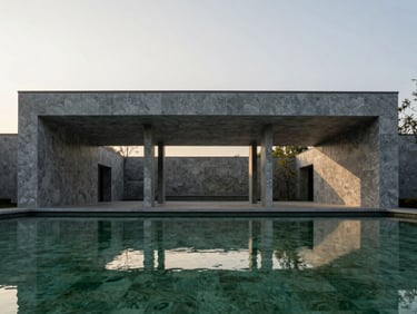 Symmetrical modern brutalist pavilion with reflecting pool, soft morning light, travertine stone textures, 35mm photography