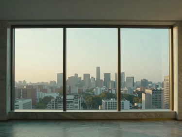 Expansive light-filled penthouse interior, minimalist brass and marble details, double-height windows overlooking a soft city skyline at dusk