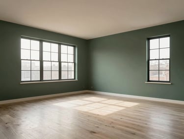 Elegant empty gallery space with white oak floors and clean structural lines, diffused natural window light, high-end real estate photography