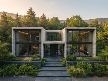 Wide-angle architectural photography of a minimal concrete and glass villa facade at golden hour, structural symmetry, soft morning light, 35mm