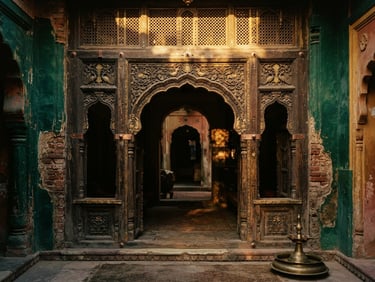 Warm editorial photography of an ancient carved wooden archway in Punjab, soft golden hour light filtering through, rich deep emerald and gold tones, 35mm