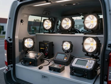 Crisp LED work lights illuminating a clean, organized mobile service van interior, specialized diagnostic tools arranged neatly, natural evening light in Montreal.