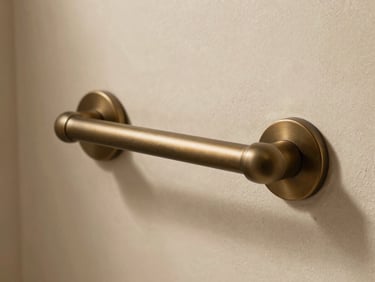 Detail of a sleek matte bronze grab bar mounted on warm beige plaster walls, soft shadows, editorial bathroom details