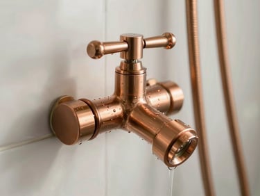 Close-up of a high-end brushed copper thermostatic shower valve, water droplets, soft natural light