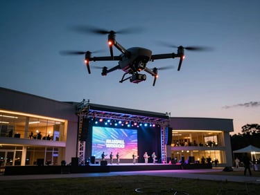 A professional heavy-lift drone hovering at twilight over a large lit outdoor corporate venue, dramatic lighting, sharp details.