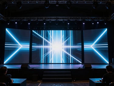 Wide shot of a modern minimalist DJ stage setup with a large high-definition LED screen background showing abstract geometric neon patterns