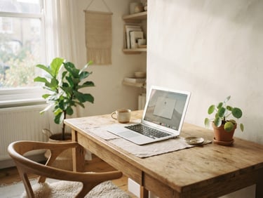 A warm-toned, sunlit minimalist home office corner with a laptop on a wooden desk, a soft green plant in the background, diffused natural daylight, peaceful atmosphere.